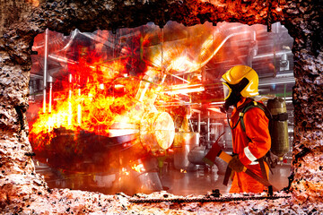 View of firefighters through smashed concrete wall with brave Firefighter holding axe for search and rescue and explosion of fire bomb in an industrial factory