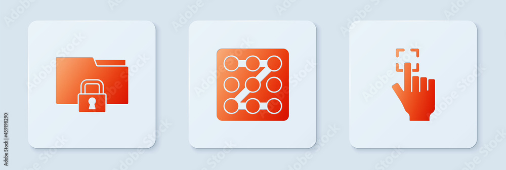 Poster set graphic password protection, folder and lock and fingerprint. white square button. vector