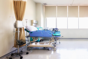 Recovery room with bed and medical equipped in a hospital