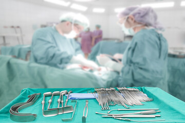 Equipment tools for surgeons who need to operate a patient in an operation room arranged on a table...