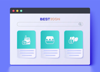 Set Chicken egg in box, Cigarettes pack and Price tag for icon. Vector