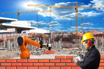 Engineer control working of bricklayer robot working for building brick wall in construction site...