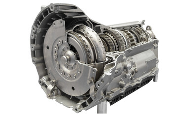 Cross section of a clutch and gearbox in transmission part isolated on a white background with...