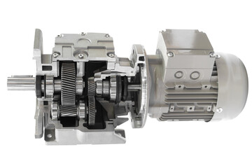 Cross section of a induction motor with gear box isolated on a white background with clipping path