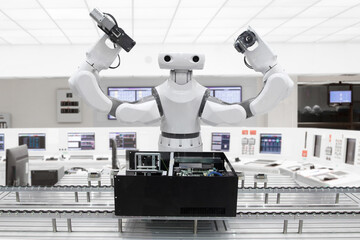 Robot working on conveyor belt in smart factory industry 4.0 concept.