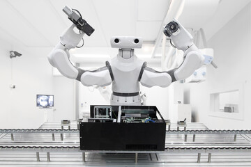 Artificial Intelligence robot working on conveyor belt in smart factory industry.