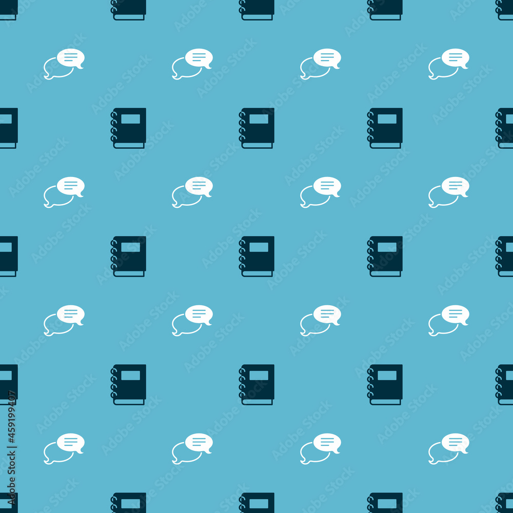 Poster set notebook and speech bubble chat on seamless pattern. vector