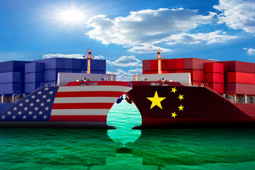 United States of America and China trade war tariffs as two opposing cargo ships against as an...
