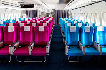 Airplane interior design. empty passenger airplane seats in the cabin.