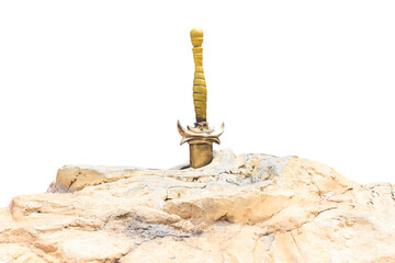 King Arthur's Excalibur embedded in the stone isolated on white background with clipping path