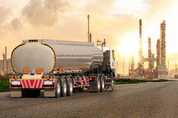 Fuel truck on highway transport petroleum oil into refinery plant