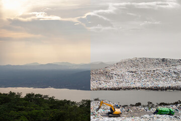 Mountain large garbage pile and pollution and toxic residue image showing the effect of pollution...