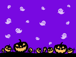 紫色の背景にシルエットのジャックオーランタンとおばけとお墓
