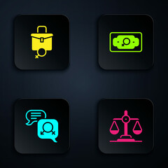 Fototapeta premium Set Gender equality, Work for female, and Money growth woman. Black square button. Vector