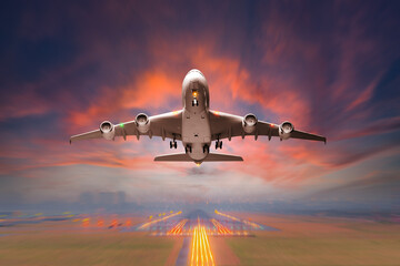 Airplane fly up over takeoff runway to the beautiful sunrise sky