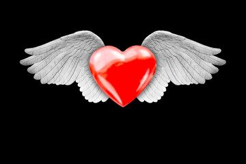  Red heart with angel wings gray isolated on white background with clipping path