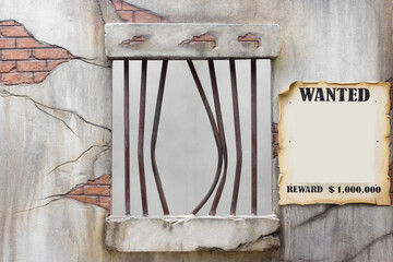 Bent jail bars after a prison break with wanted reward billboard - obrazy, fototapety, plakaty