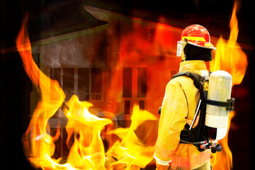 Firefighter in mask and airpack full protective suitprepared rescued the victims from the house fire