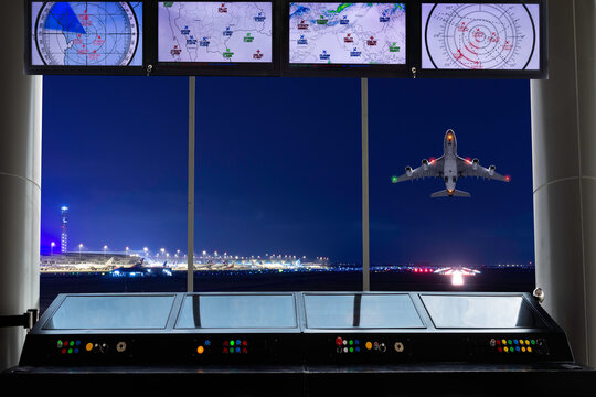 Air Traffic Control Tower With Simulation Screen Showing Various Flights For Transportation And Passengers Of International Airport.