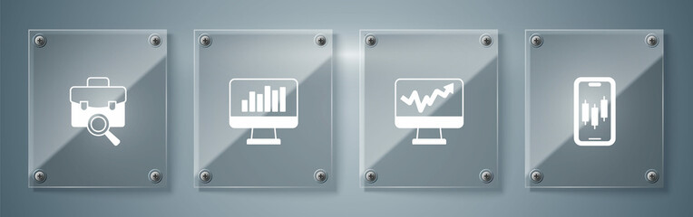 Set Mobile stock trading, Monitor with graph chart, and Work search. Square glass panels. Vector