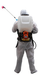 Man in protective suit using spraying from pump sprayer. to stop spreading virus infections.isolated on white background with clipping path