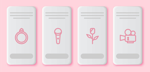 Set line Diamond engagement ring, Microphone, Flower rose and Cinema camera. White rectangle button. Vector