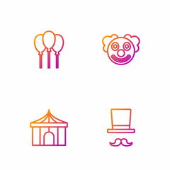 Set line Magician, Circus tent, Balloons with ribbon and Clown head. Gradient color icons. Vector
