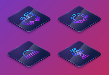 Set Isometric line Toy train, Clown hat, Juggling ball and Attraction carousel. Blue square button. Vector
