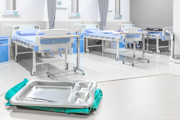 Equipment tools for surgeons who need to operate a patient in an operation room arranged on a table for a surgery of surgeon in the ward of hospital