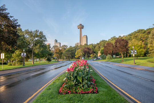 Flower garden in the median of a tree-lined boulevard with a city skyline of Niagara Falls, Ontario, Canada in the background.