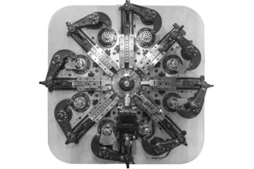 Abstract background stylized collage of a automatic forming machine metal isolated on white background with clipping path