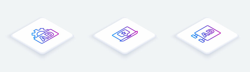 Set Isometric line Advertising, Laptop with star and . White square button. Vector