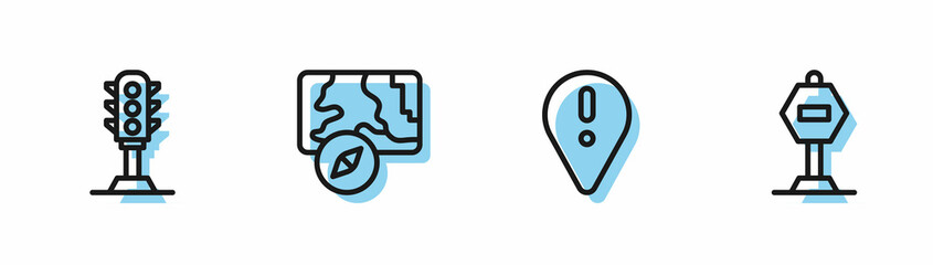 Set line Location with exclamation mark, Traffic light, City map navigation and Stop sign icon. Vector