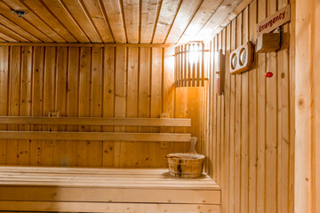 Fototapeta na wymiar Sauna style classic wooden interior in public building, hotel