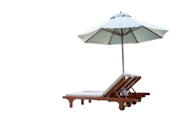 Sun loungers with umbrella isolated on white background with clipping path
