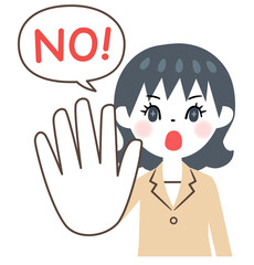 手の平を前に出してNOと言う若いビジネスウーマン