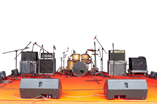 Set of musical instruments during concert isolated on white background with clipping path