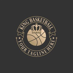 Simple and unique basketball emblem with ball and crown image graphic icon logo design abstract concept vector stock. can be used as a community symbol or related to sport or tournament