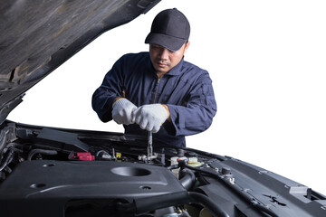 Professional car mechanic working in maintenance repair service station isolated on white background with clipping path