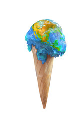 Ice cream globe melting climate change concept isolated on white background with clipping path .Elements of this image are furnished by NASA.