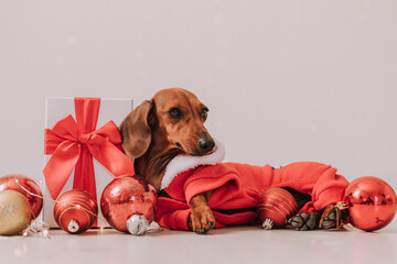Dachshund in a Santa Claus costume. Christmas dog. Christmas toys, gifts. Gray background.