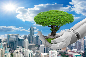 Robot hand holding plant for to plant trees on city.as a symbol of connection between ecology and artificial intelligence technology. to solve the problem global warming in futuristic concept.