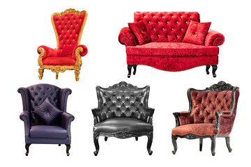 Collections of luxurious vintage style chair isolated on white background with clipping path.