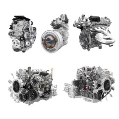 Collection of Powerful Car engine isolated on white background with clipping path