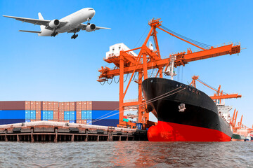 Aircraft flight at airport link with commercial delivery cargo container and container ship being unloaded in the harbor - obrazy, fototapety, plakaty