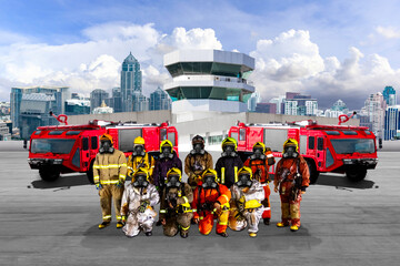 Portrait of firefighter's team with fire truck vehicle at fire station against urban scene