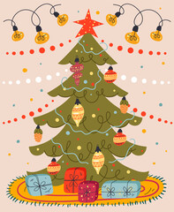 Christmas tree with gift box card vector flat graphic design illustration