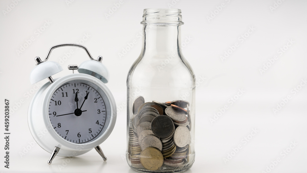 Wall mural concept business finance and shopping sale coins in jar with white alarm clock business objects isol