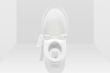 Interior of modern restroom are ceramic toilet bowl with electronic control and sensors for...