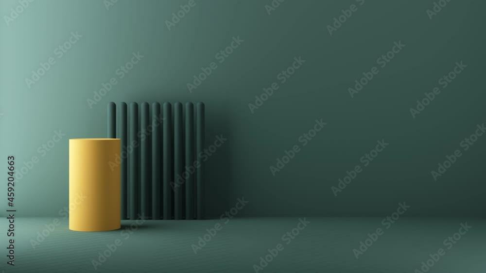 Poster yellow and green color chairs, sofa, armchair in empty background composition. surrounding by geomet